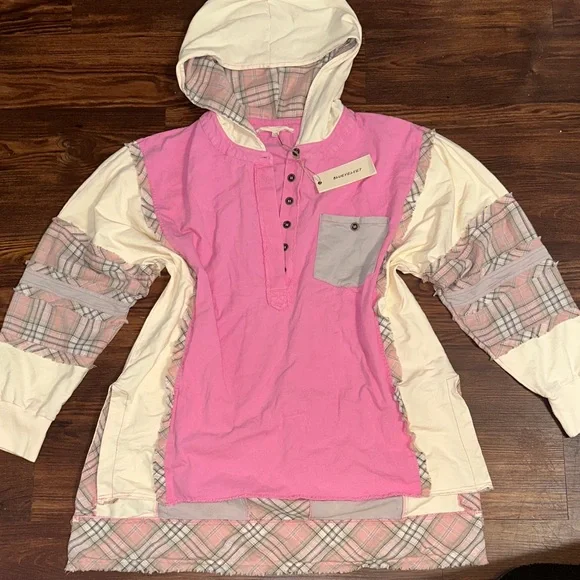 Plaid Patchwork Pink and Cream Women's Hoodie - Picture 2 of 5